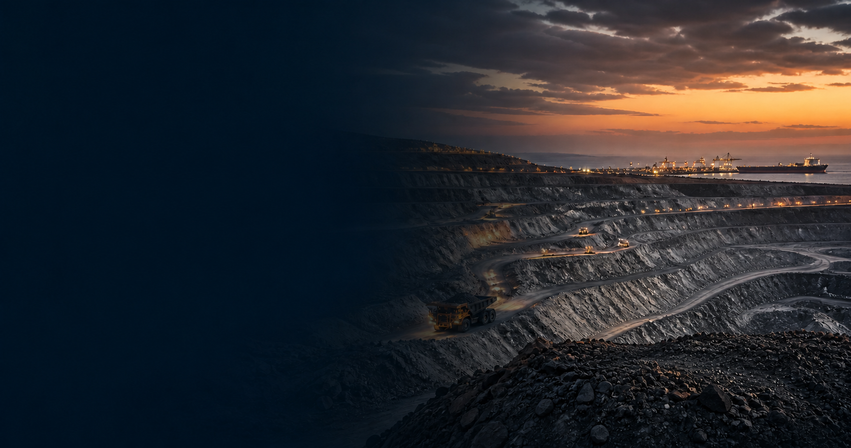 Open-pit mining operation at sunset